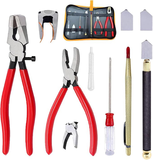 OFCOX Glass Cutting Tool Set Kit, Glass Nipper,Glass Running Plier, Breaking Plier, Oil Feed Glass Cutter Set with Leather Zipper Bag for Stained Glass, Tiles, Mosaic, Mirrors,Bottle, Fusing, Breaking