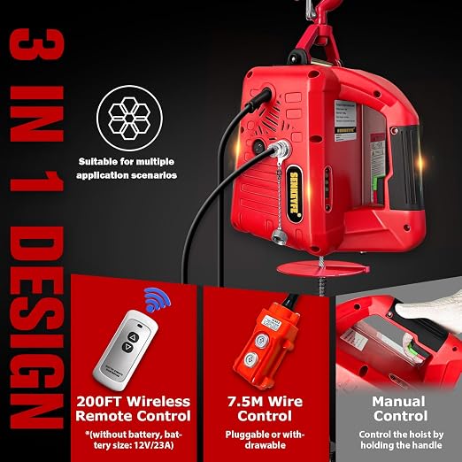 Power Electric Portable Hoist Winch 1100LBS, 3 in 1 Electric Cable Hoist 110V 25 FT with Lifting Strap, Electric Hoist Lift Ceiling Winch for Lifting Towing(Red)