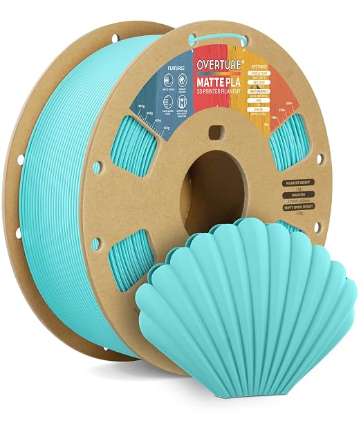 OVERTURE Matte PLA 1.75mm, Low Warp & Smooth Finish 3D Printer Filament | Frosted Matt Finish Hides Layer Lines, 1kg Spool (2.2lbs) Cardboard Spool, Fit Most FDM Printer (Matte Turquoise)