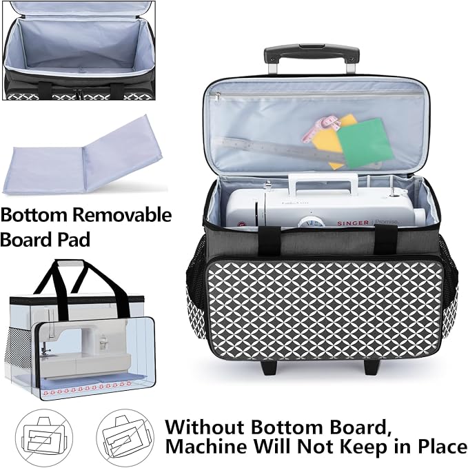 Yarwo Upgraded Rolling Sewing Machine Carrying Case, Detachable Trolley Tote Bag with Removable Bottom Board and Thickened Trailer Leg for Most Standard Sewing Machine and Accessories, Black with Grid