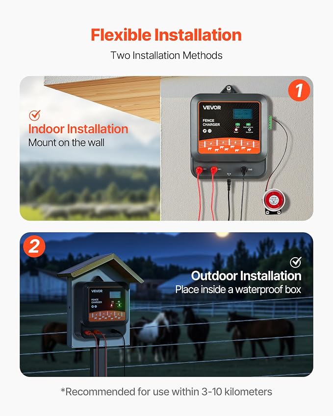 VEVOR Multi-Powered Electric Fence Charger, 2J/3J/5J, Electric Fence Energizer with Real-Time LED Display, 6.2 Miles Range, AC DC Powerful Fences Charger, Keep Out Wild Animals, for Livestock Poultry