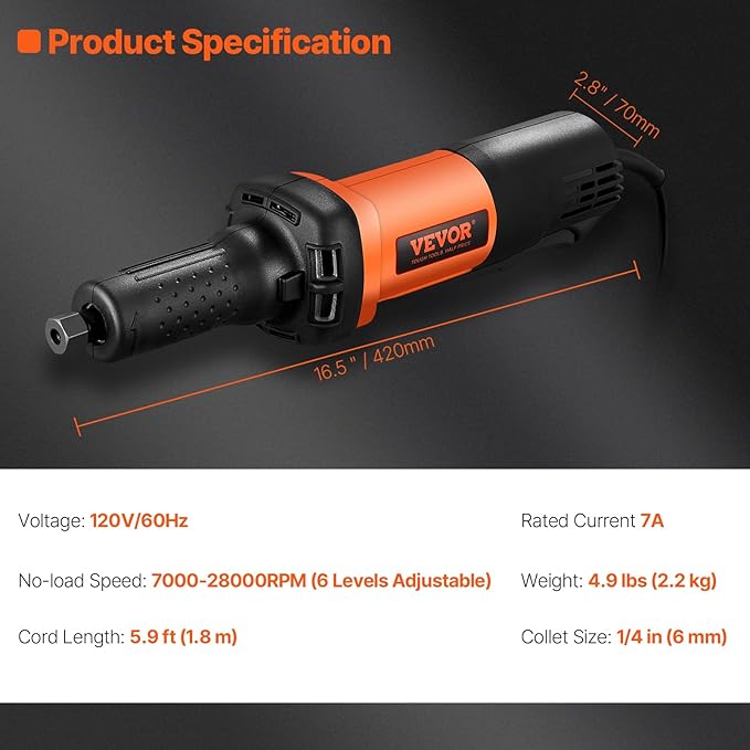 VEVOR Die Grinder, 1/4", Heavy-Duty Electric, Adjustable Speed (10000-28000RPM), Ergonomic Grip for Polishing, Cutting, Rust Removal, Grinding, Welding Repair, with 1/4" & 1/8" Collets