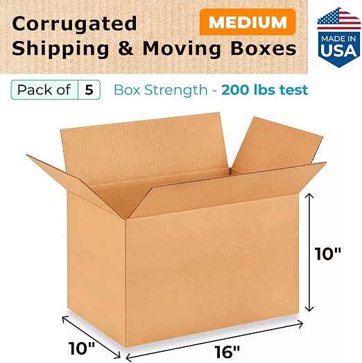 Medium Shipping & Moving Boxes 16 x 10 x 10 inches (5-Pack) - Extra Strength 200 lb vs Regular - USA-Made Corrugated Packing Boxes for Moving - Cardboard Moving Box - Packaging Box by IDL Packaging