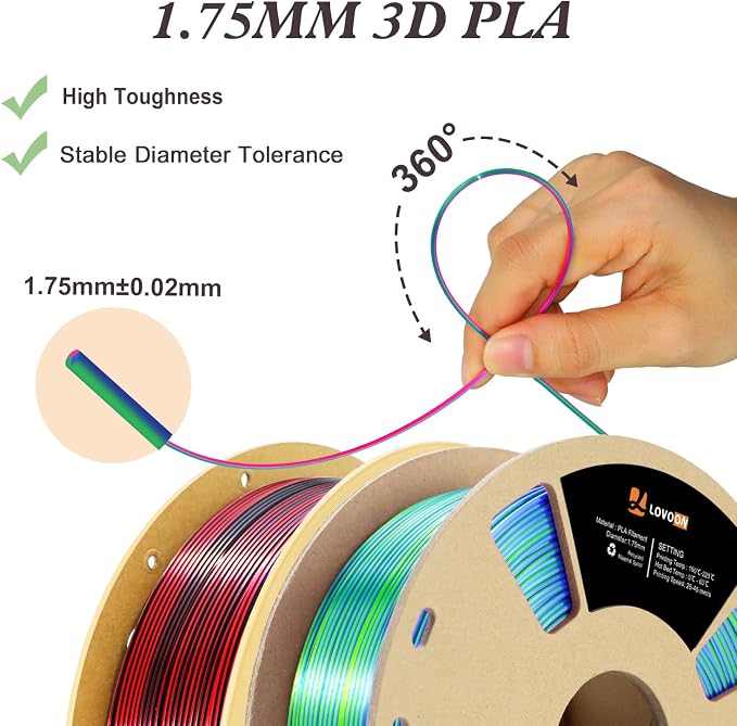 LOVOON Silk PLA Filament 1.75mm, 2KG Bundle 3D Printer Filament, 3D Printing Filament Shiny Change by Angle, Tri Color Blue/Green/Red and Dual Color Black/Red, 1KG X 2 Spools