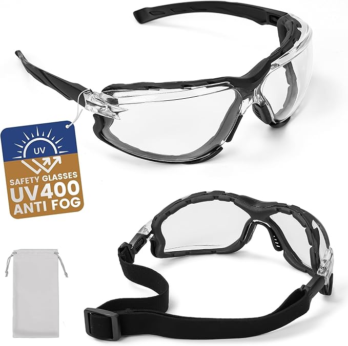 Flaya Adjustable Foam Lined Safety Glasses ANSI Z87.1 Anti-Fog Mowing Goggles for Men & Women, UV400 Protection with Strap