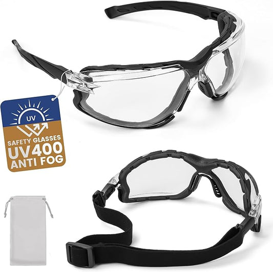 Flaya Adjustable Foam Lined Safety Glasses ANSI Z87.1 Anti-Fog Mowing Goggles for Men & Women, UV400 Protection with Strap