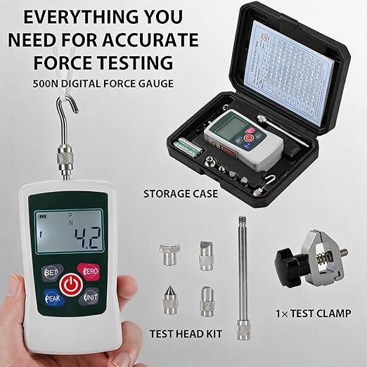 500N Digital Force Gauge & Manual Test Stand Kit, Push Pull Gauge with N/Lb/Kg/Oz Units, 250mm/9.8 inches Stroke Test Stand with 1 Pcs Test Clamp for Tension Tests in Lab, School, Industry