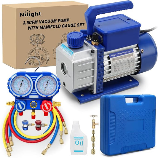 Nilight AC Vacuum Pump and Gauge Set, 3.5 CFM 1/4 HP 110V Single Stage HVAC Vacuum Pumps & Manifold Gauge Set Kit for R22 R404a R134a R410a, for Auto Air Conditioning Servicing Refrigerant Recharging