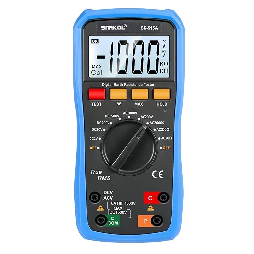 Digital Ground Resistance Tester, True RMS Earth Meter AC/DC Voltage Multimeter Backlight LCD Data Hold Rechargeable Full Test Kit for Electrician Ground Lightning Test