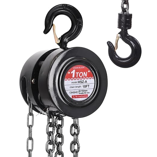 Hand Chain Hoist, 1 Ton/2200 lbs Capacity, Heavy Duty Steel Chain Fall Hoist with 10 Ft Lifting Height, Manual Chain Block Hoist with 2 Chain Hooks for Lifting in Transport & Workshop
