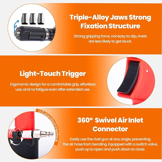 Pneumatic Rivet Gun Air Pop Riveter Tool Kit with 1/8", 5/32", 3/16", 1/4" Rivet Nozzles, Pneumatic Riveting Gun, Upgraded Air Riveter Hydraulic Pop Riveting Rivets Tool, No-Self-Suction