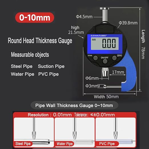Digital Thickness Gauge Thickness Measuring Indicator | Thickness Gauge Measuring Range 0-10mm0.0005''/0.01 mm for Plastic pipes,steel pipes Wall Thickness Products (YT)