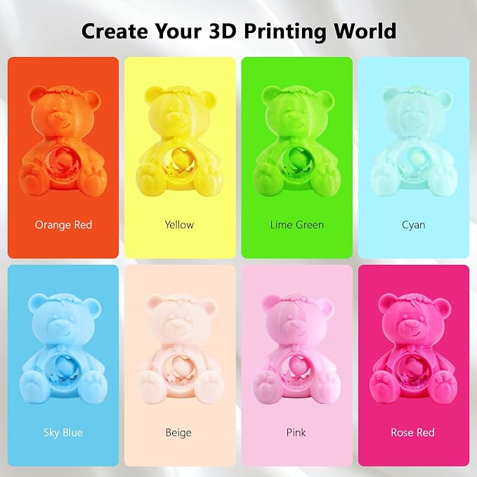 1.75mm 3D Printer PLA Filament 8 Colors Bundle: Pink, Yellow, Orange, Lime Green, Sky Blue, Cyan, Beige, Rose Red, 8 Spools Packed, Each 250g, Total 2Kg 3D Printing Material, 250g x 8 Spools