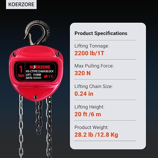 1 Ton Hand Chain Hoist 2200 Lbs Capacity 20ft Lift Manual Come Along Winch with G80 Steel Chain & Dual Hooks for Engine Lift, Warehouses, Automotive, Machinery
