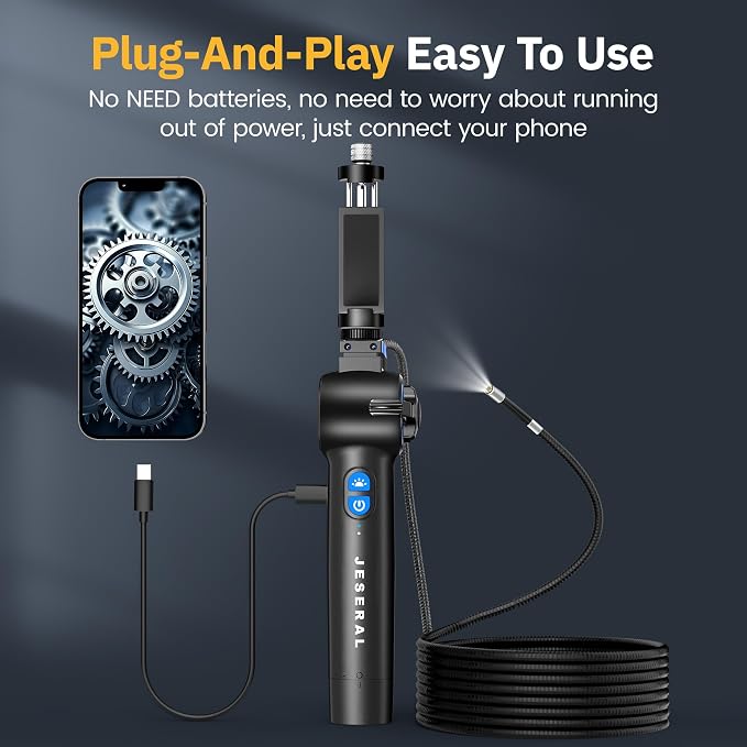 Articulating Borescope 2-Way 210°- JESERAL 8.5mm Lens Endoscope camera with 6 light, HD1080P Inspection Camera with Steering Probe, Compatible with Android&iOS Phone, scope with 3.3FT Semi-Rigid Cable