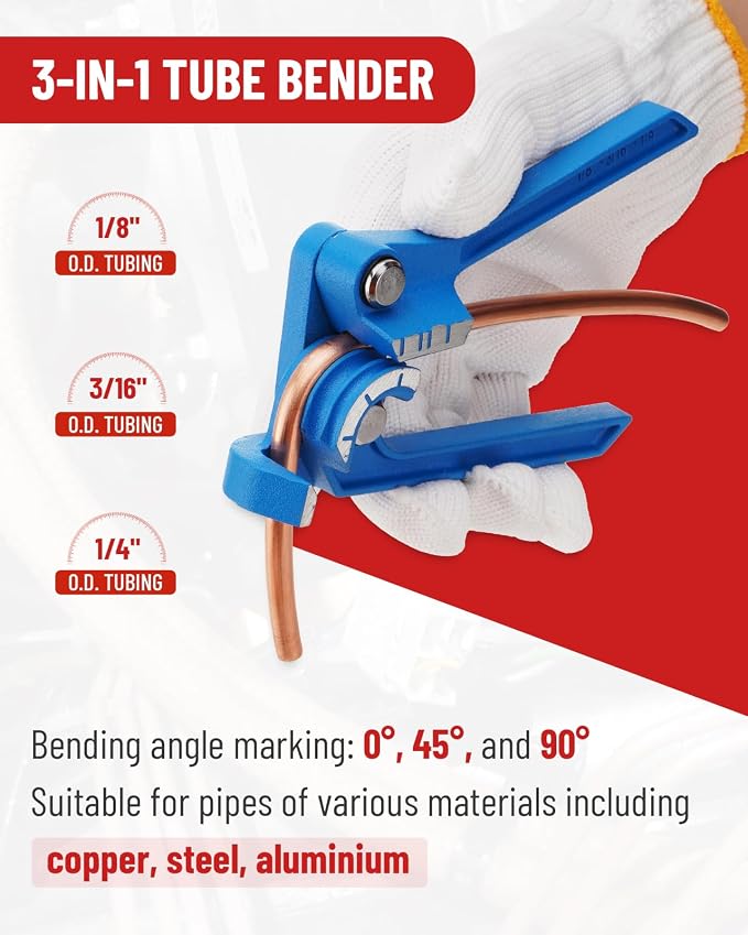 25 ft 3/16in Copper Coated Brake Line Flaring Tool Kit, Includes 3-in-1 Tube Bender, Double & Single Flaring Tool Set, 1 Tube Cutter, 2 Threads Unions, 20 Fittings