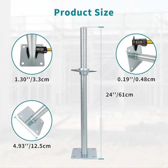 24" Adjustable Scaffolding Leaveling Jack, Galvanized Steel Hollow Screw Jack with Base Plate, 4 Pack