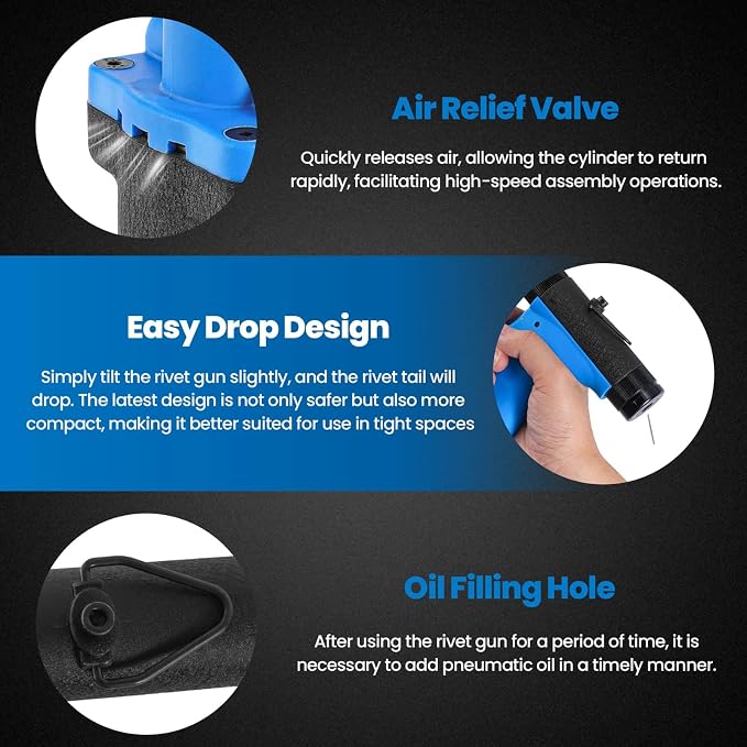 Pneumatic Rivet Gun Air Pop Riveter Tool Kit with 1/8", 5/32", 3/16", 1/4" Rivet Nozzles, Pneumatic Riveting Gun, Upgraded Air Riveter Hydraulic Pop Riveting Rivets Tool, No-Self-Suction