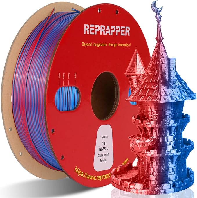 Reprapper Dual Color Filament Coextrusion PLA Filament 1.75mm for 3D Printer, Multicolor Like Rainbow PLA, 2.2lbs (1kg), Silk PLA Red & Blue