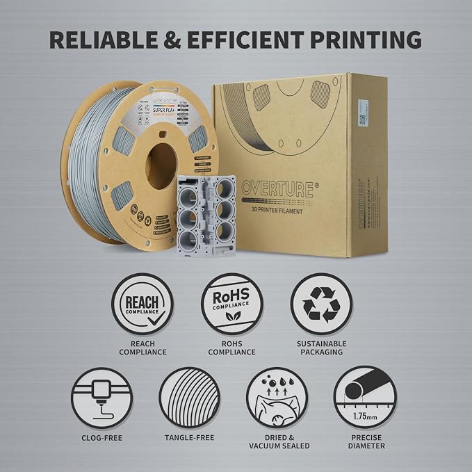 OVERTURE Super PLA+ Filament 1.75mm, Toughness Enhanced PLA Plus, Professional Toughness 3D Printer Filament 1kg (2.2lbs), High Precision +/- 0.02mm Light Grey