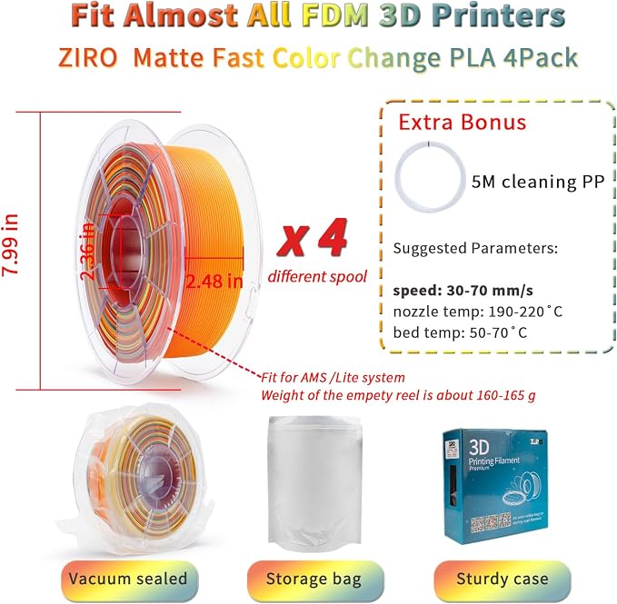 ZIRO Matte Fast Color Change PLA Bundle, 1.75mm Color Gradient Filament 4 Packs, No-Shine Rainbow PLA Filaments, Fit Most 3D Printers and Pen, 2.2lbs X 4 Spool