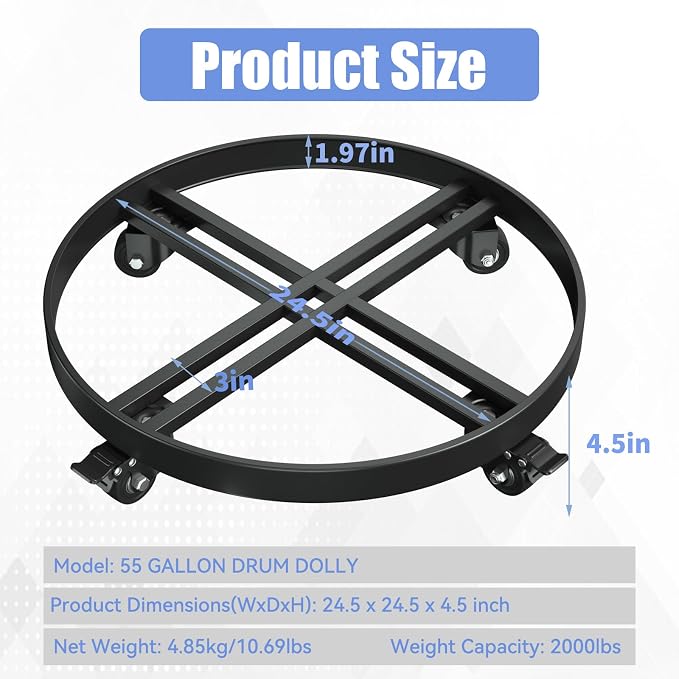55 Gallon Drum Dolly Heavy-Duty All-Steel Barrel Cart with Cross Braces, 4 Swivel Caster Wheels, 2000 lbs Capacity Non-Tipping Hand Truck for Warehouse Drum Handling & Transport