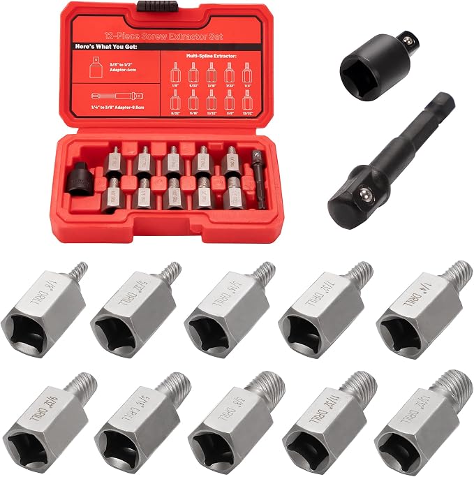 12Pcs Screw Extractor Set Hex Head Multi-Spline Easy Out Bolt Extractor Set 3/8 Inch Drive, Stripped Bolt Remover, Bolt Extractor Kit for Removing Broken Rusted Bolts Studs Nuts Socket Screws