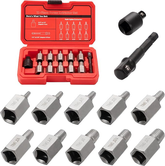 12Pcs Screw Extractor Set Hex Head Multi-Spline Easy Out Bolt Extractor Set 3/8 Inch Drive, Stripped Bolt Remover, Bolt Extractor Kit for Removing Broken Rusted Bolts Studs Nuts Socket Screws