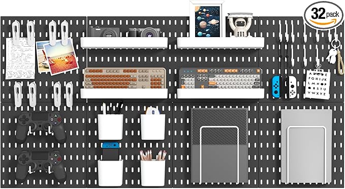 MULSAME Pegboard Combination Kit, Wall Mounted Storage Set with 8 Pegboards & 32 Accessories Hanging, Black Peg Boards Organizer for Walls Display, Crafts Organization, Kitchen Organizer, 22" x 44"