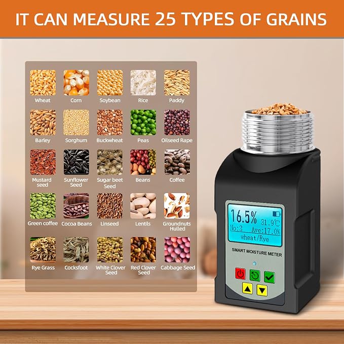 Grain Moisture Meter Tester, Digital Portable Grain Moisture Analyzer for 25 Grains, with Backlit LCD Display, Voice Broadcast, Data Logging, Temperature Test for Coffee Wheat Corn Rice Farm Crops