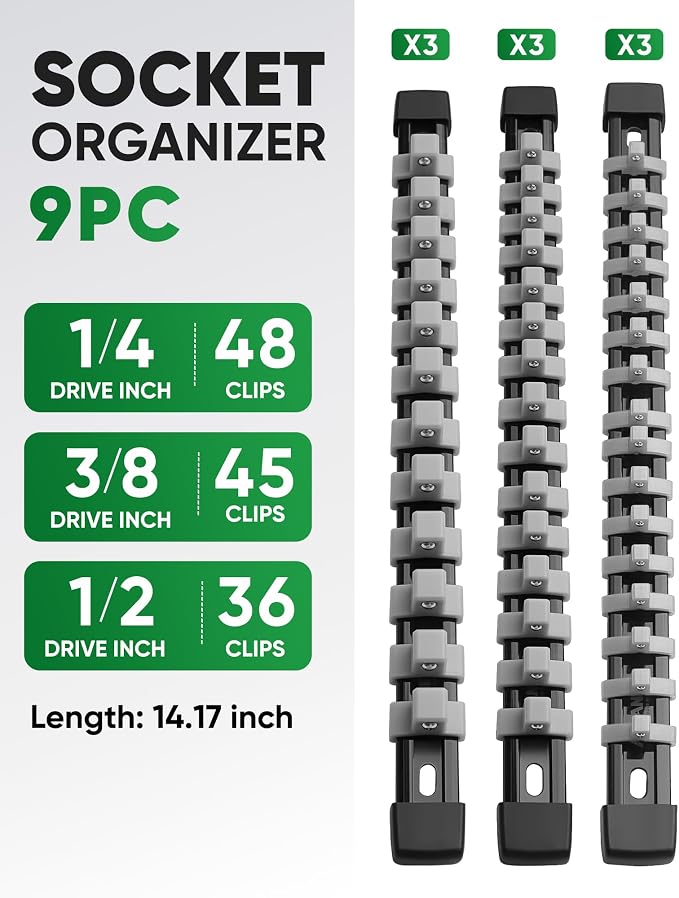 ALOANES 9PC Socket Organizer, Socket Rails Fit 1/2", 1/4" and 3/8" Drive | Heavy Duty ABS Socket Holders Hold up 129 Sockets for Toolbox Drawer Bags(Grey)