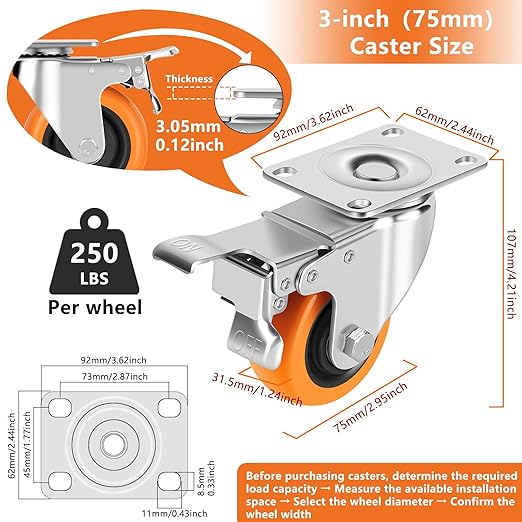 Caster Wheels, 3" Casters Set of 4 Heavy Duty - Dual Pedal Locking Casters with ON/Off Tabs (Easier to Operate), Swivel Plate Caster, No Marks Castor Wheels for Carts Furniture and Workbench
