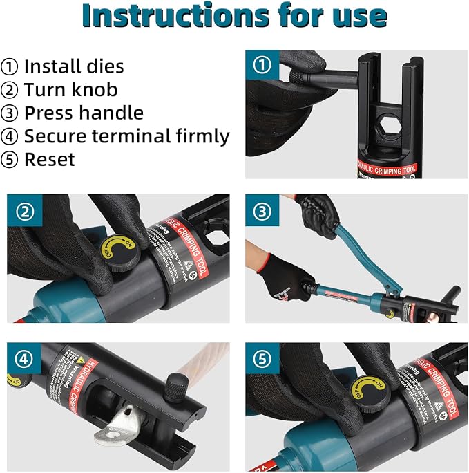 YQK-120 Hydraulic Crimping Tool 8T, Wire Crimper for Battery Cable Terminals 10-120mm²(8 AWG to 4/0 AWG) with 8PCS Hex Dies, 16mm Stroke,180°Swivel Head - Professional Electrician Crimper(Blue)