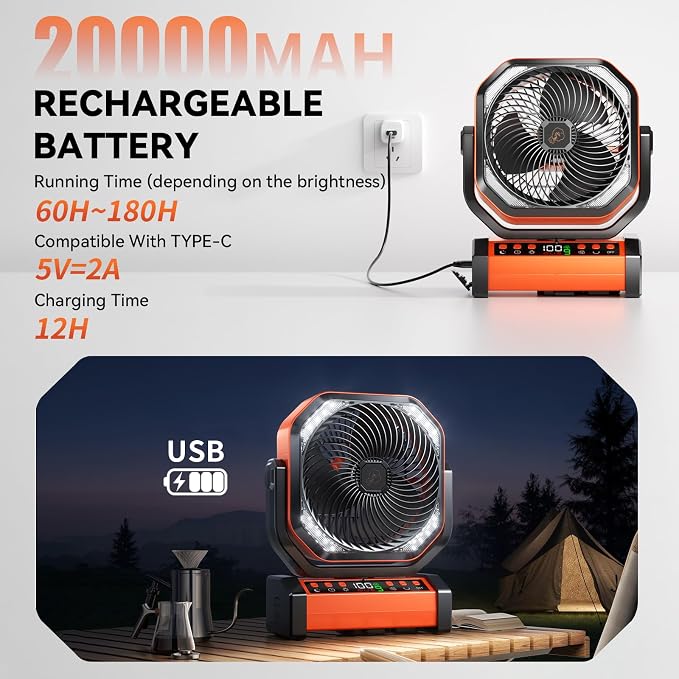 Camping LED Fan with Light, 20000mAh Rechargeable Battery Powered Outdoor Tent Fan with Light and Hook, 8 Speed, Personal USB Desk Fan for Camping, Fishing, Power Outage,Hurricane, Worksite