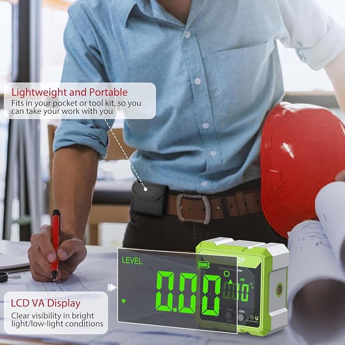 XUNTOP 4x90° Digital Angle Finder with Green Laser(Class 2, <1mW Output) 4 Sided Strong Magnetic Digital Angle Gauge Rechargeable IP54 Waterproof Level Box with VA Display for Woodworking Construction