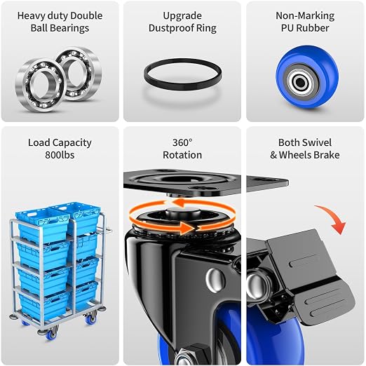 2 Inch Swivel Casters Set of 4, Locking Caster Wheels Heavy Duty, Polyurethane (PU) Plate Caster with Brake, Castor Wheels, Industrial Caster for Furniture, Workbench, Carts