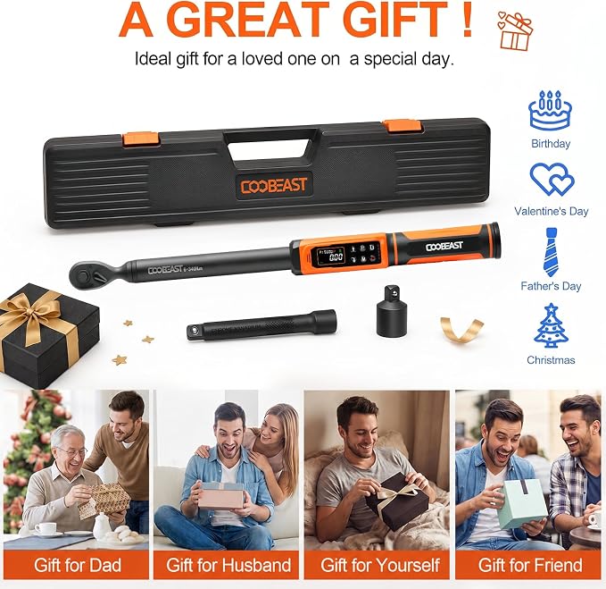 Coobeast Digital Torque Wrench 1/2 Drive, Adjustable Electric Torque Wrench Tool Set, Preset Value(3.76-250.8 Ft.lbs./5.1-340Nm), Buzzer and LED Alert, Adapter&Extension Bar for Bike Motorcycle(Black)