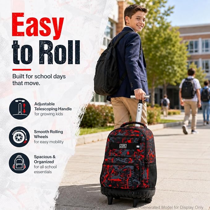 3Pcs Rolling Backpack for Boys Men, Travel Wheeled Backpacks for Adults, Teens College Roller Bookbag with Wheels for Men(Red)