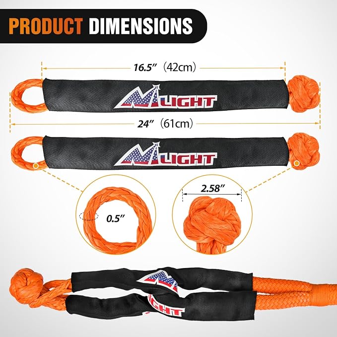 Nilight Kinetic Recovery Tow Rope 7/8" x 20ft (28,600LBS) with 2 Soft Shackle 1/2" x 24" Snatch Strap Heavy Duty Offroad Towing Strap kit for UTV ATV SUV Truck Car Jeep Tractor