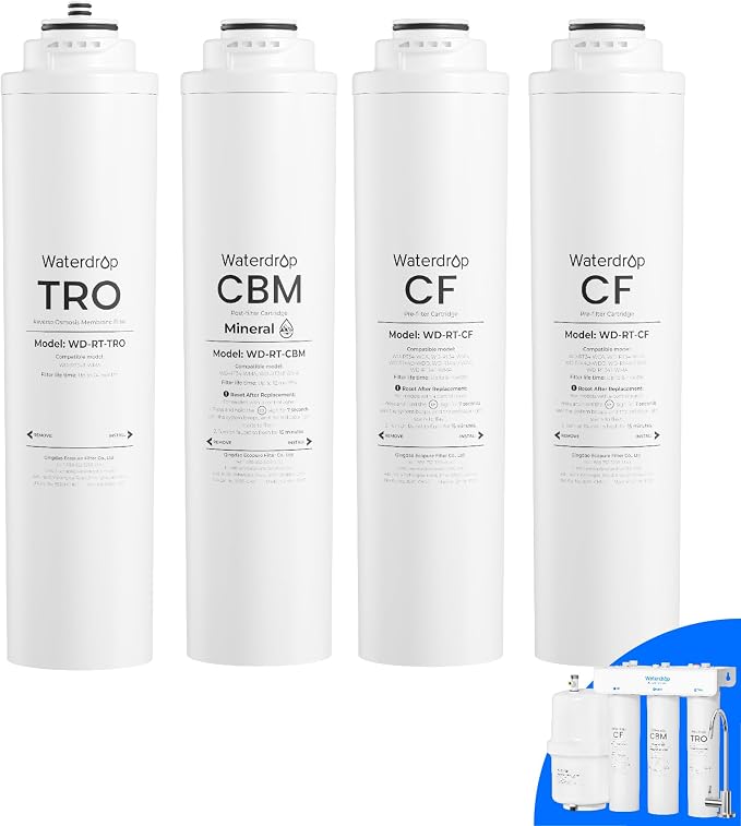 Waterdrop RT-AF2 Filter, Replacement for T3-T RO System, CF*1+CBM*2+TRO*1 | 1-Year Replacement Filters Bundle, Mineral-Enhanced Filtration, Under-Sink RO Water Filter, High Capacity, Easy Replacement