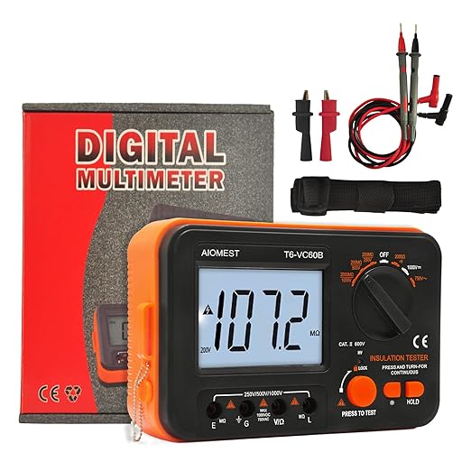 AIOMEST Digital Megohmmeter Megaohm Meter with 250V/500V/1000V Test Voltage Testing Insulation Resistance IR 0.1MΩ~2GΩ, Measure AC DC Volt Ohm, Continuity Tester, Megaohmeter w/Over-Range Indicator