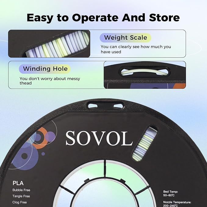 Sovol 3D Printer Matte Multicolored Fast Change Rainbow PLA 1kg (2.2 lbs) Spool 3D Printing Materials, Dimensional Accuracy +/- 0.03 mm, 1.75 mm, Matte Sea Salt