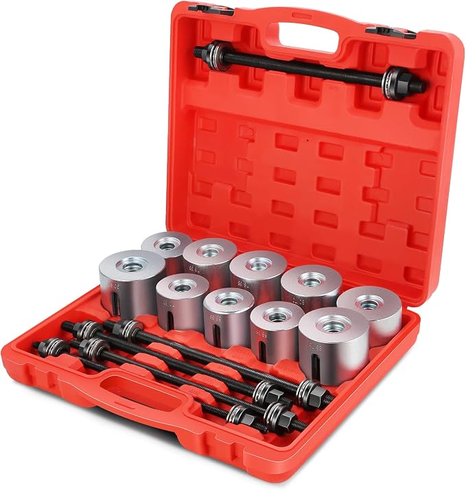 DNA Motoring 27pcs Universal Press and Pull Sleeve Kit, Wheel Bearing/Suspension Bushing Removal Tool Set w/ 22 Adapters (34-80mm ID) & M10-M18 Press Spindles, TOOLS-00783