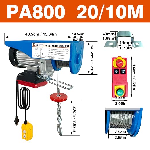 Electric Hoist with Remote Control,1760lbs Electric Hoist 110 Volt,Electric Hoist Winch Wireless/Wired 2 in 1,33/66FT Lifting Height,for Factories,Garage,Warehouses, Construction Site