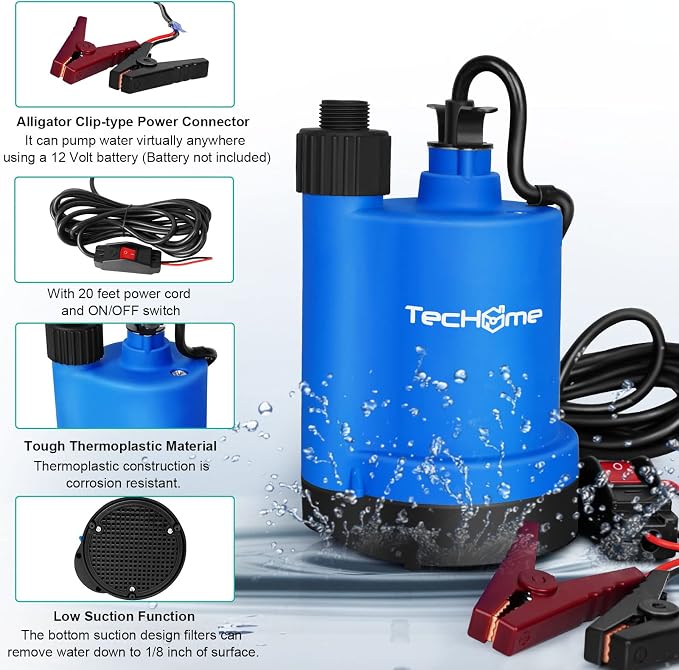 TecHome 12v Pump，1500GPH Water Transfer Pump Sump Pump Submersible Water Pump, With 20 Feet Power Cord.
