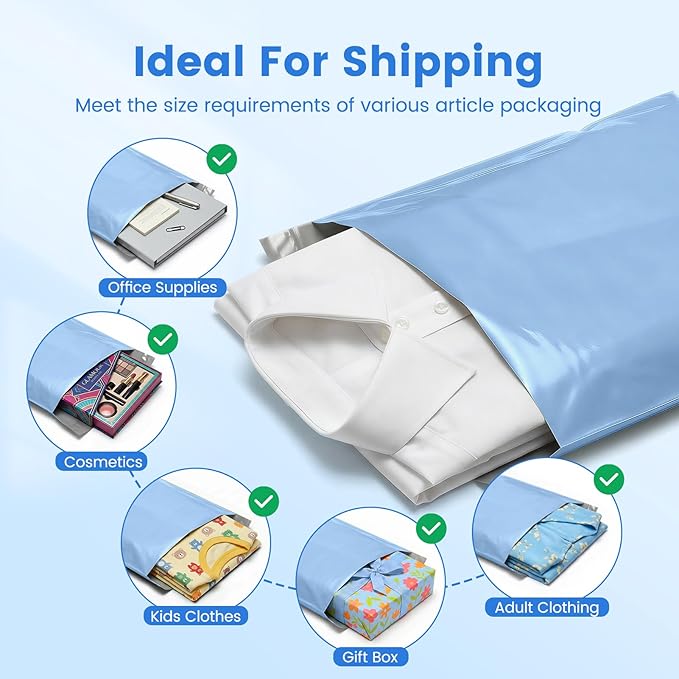 Metronic Poly Mailers 12x15.5 50PC Shipping Bags for Clothing Medium Size, Self-Seal Waterproof Poly Bags Shipping Envelopes, Durable Plastic Package Mailing Bags for Small Business, Light Blue