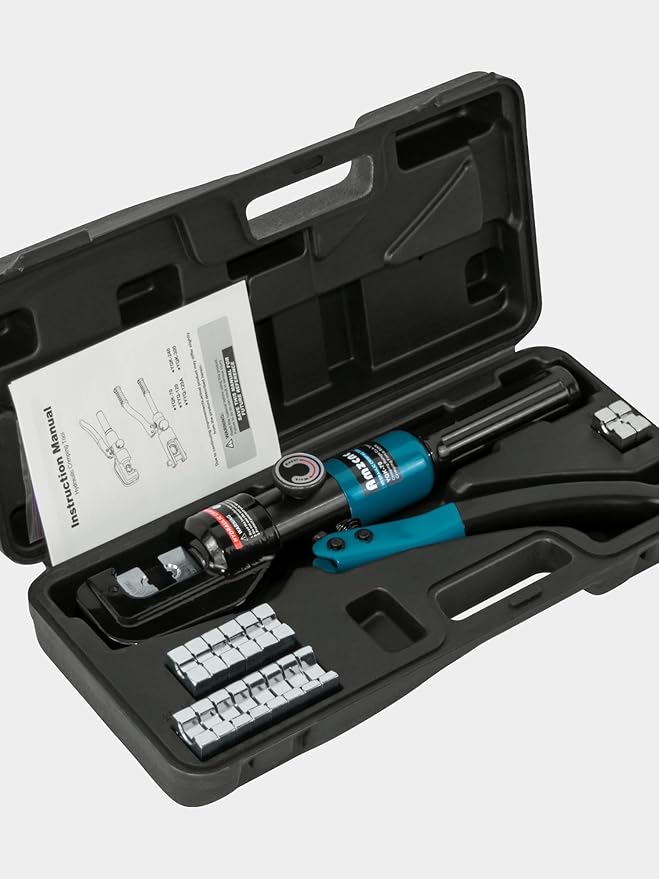 10 Ton Hydraulic Battery Cable Crimper – Single-Hand Return, 9 Hex Dies for 12-2/0 AWG, 180° Rotating Head, Pro Terminal Tool for Car/RV/Marine Power