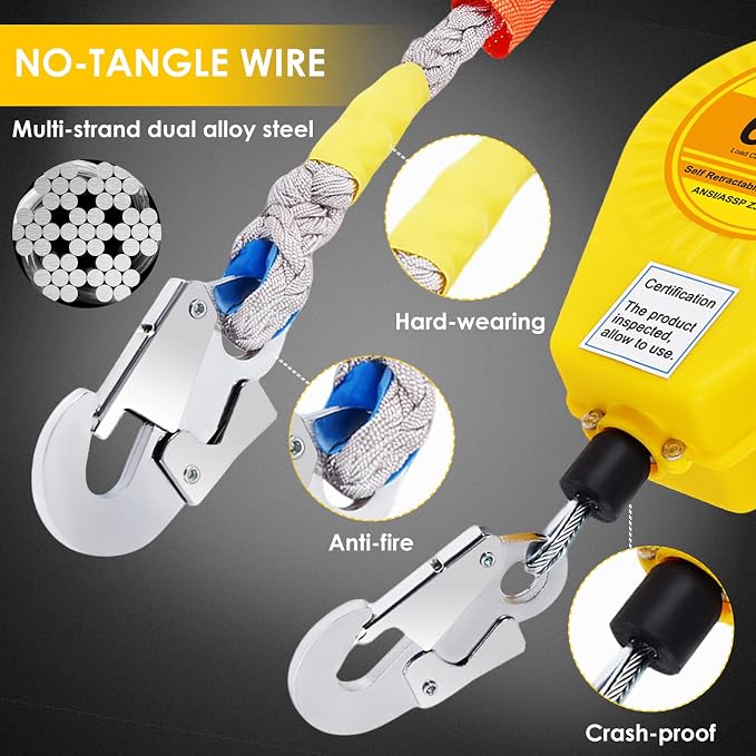 Fall Arrester Protector Self Retractable 33FT Fall Protection Gear Double Locking, Dual PPE+Alloy Steel housing Heavy Duty Lifeline Safety Lanyard Rope Cable Wire Roofing Construction