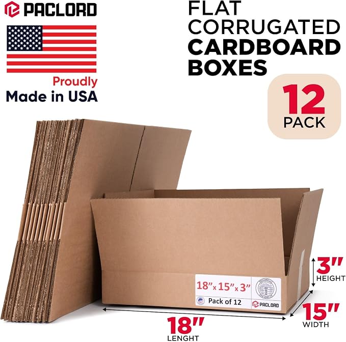 Flat Cardboard Boxes 18"L x 15"W x 3"H (Pack of 12) - USA-Made Packing Boxes for Moving, Shipping, or Storage - USPS, UPS, FedEx Approved - Professional Packing Supplies for Moving | USA-Made Packing Boxes for Moving, Shipping, or Storage - USPS, UPS, ...