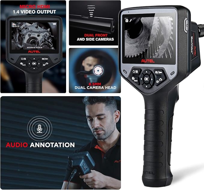 Autel MaxiVideo MV480 Inspection Camera, 1080P HD Industrial Endoscope with Light, Dual Cameras, 10-Level Adjustable LED, 7X Zoom, Snake Borescope with Audio Annotation, 360°Rotation, Up of MV460
